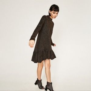 ZARA COPPER KNIT MOCK NECK METALLIC RUFFLE TRIM DRESS